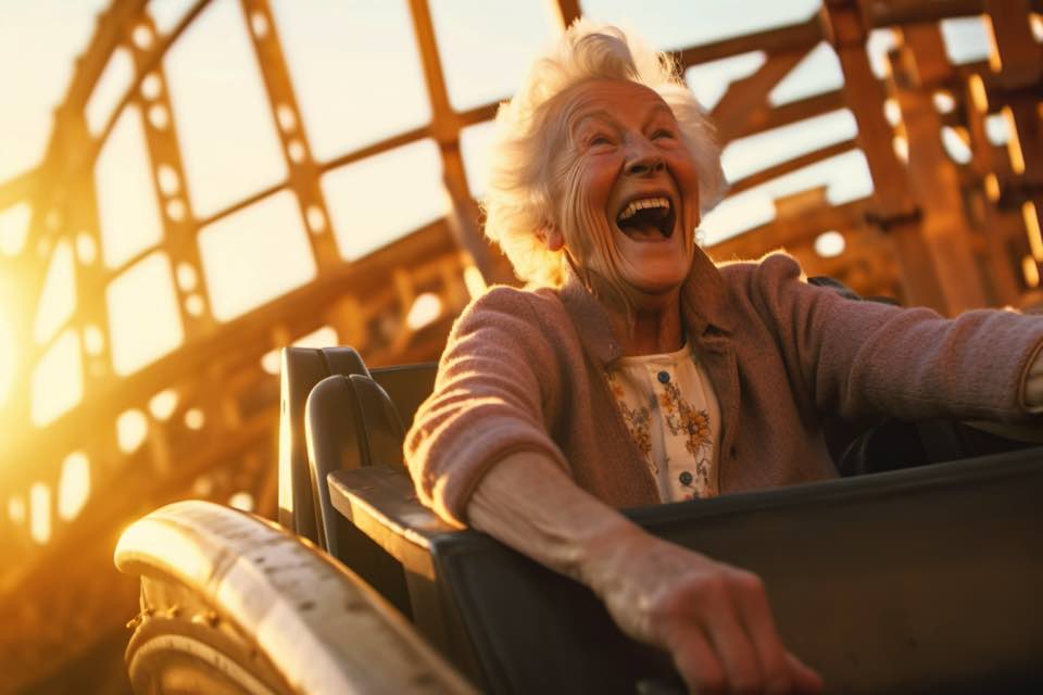 Oude dame in een achtbaan heeft tijd van haar leven